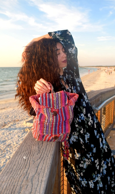 Purple & Red Stripes Gheri Cotton Mini Backpack