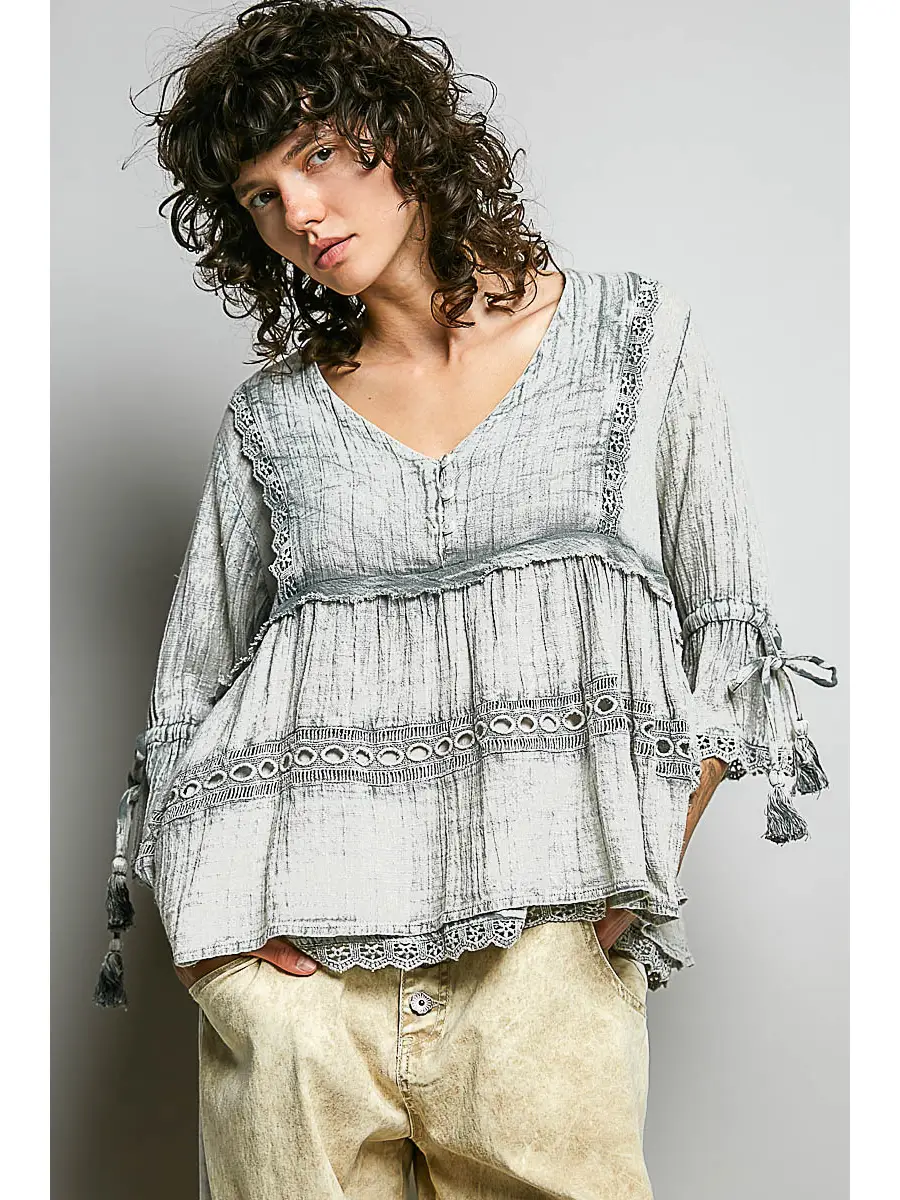 V-Neck Embroidery Ruffle Top