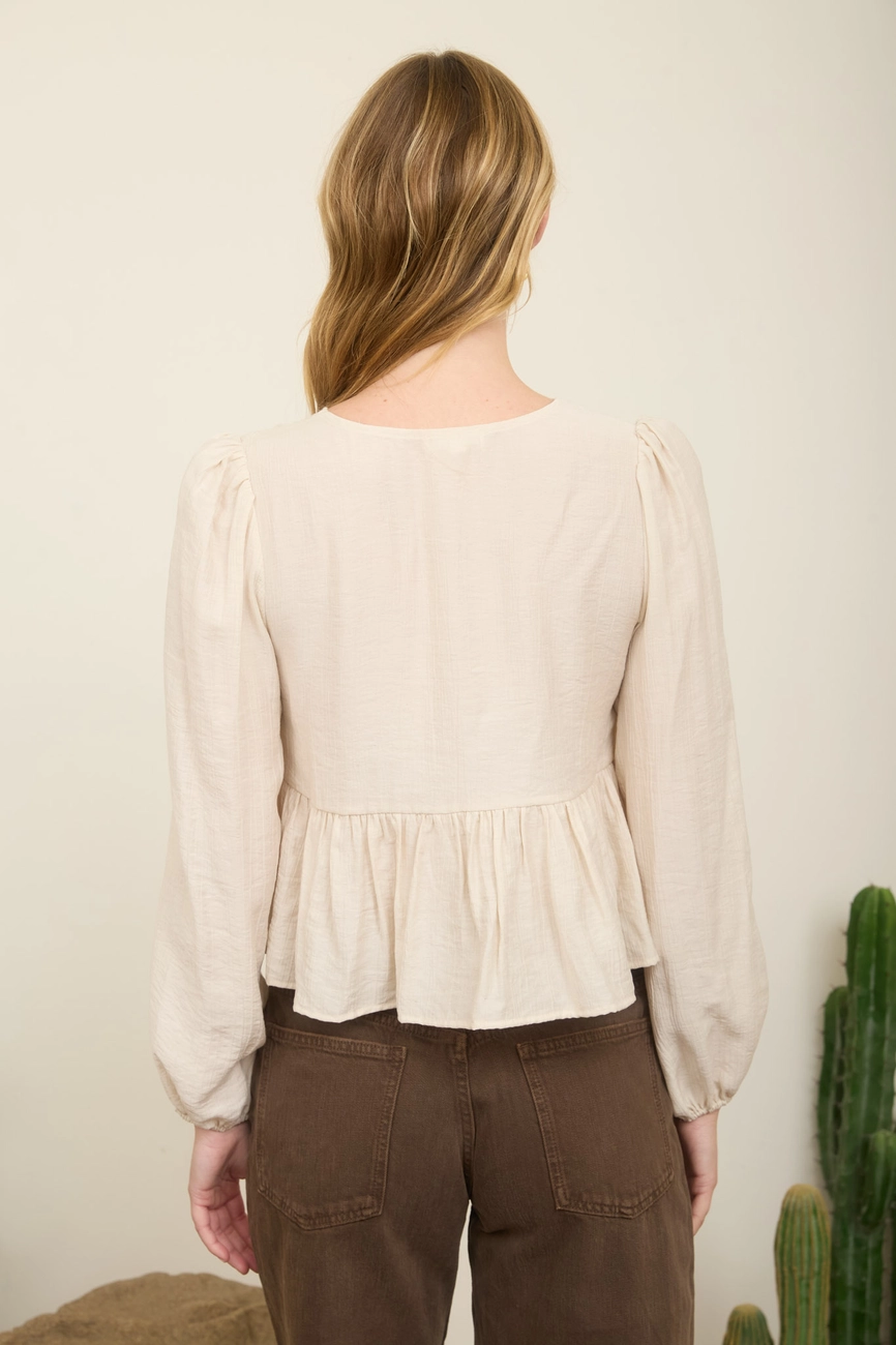 Floral Eyelet Embroidery Front Tie Long Sleeve Top