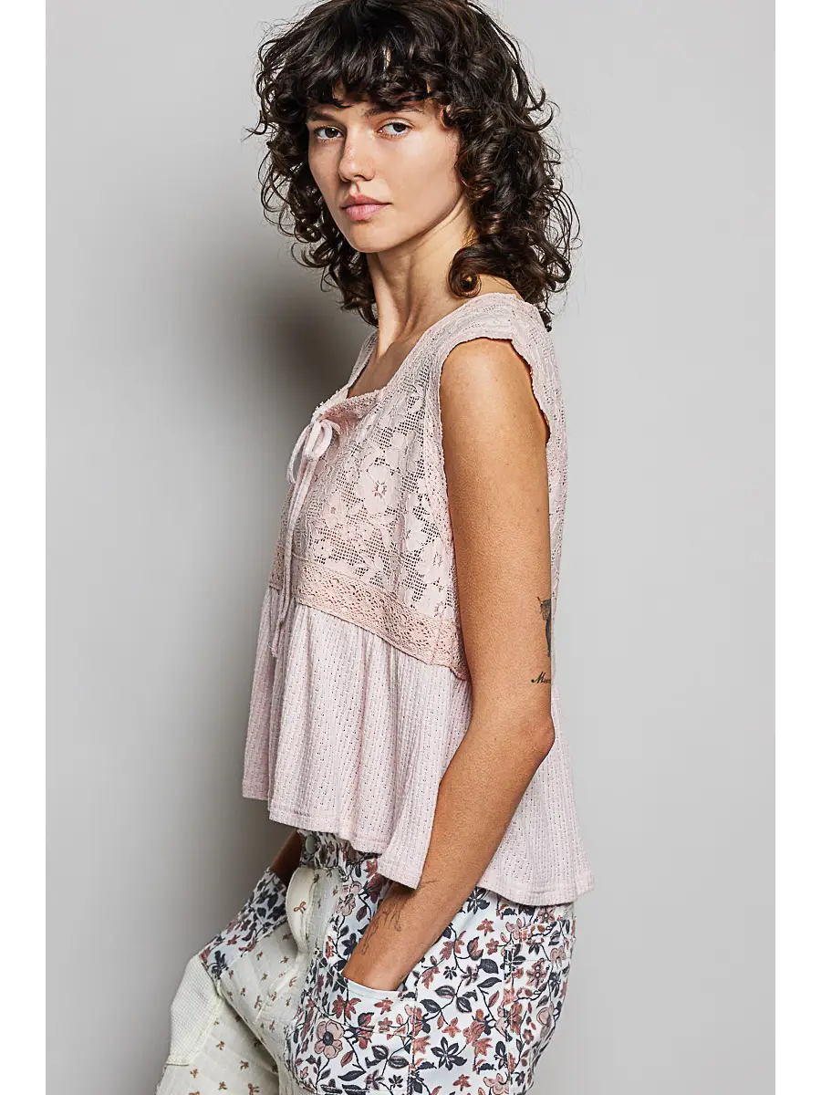 Lace Tie Front Peplum Sleeveless Top