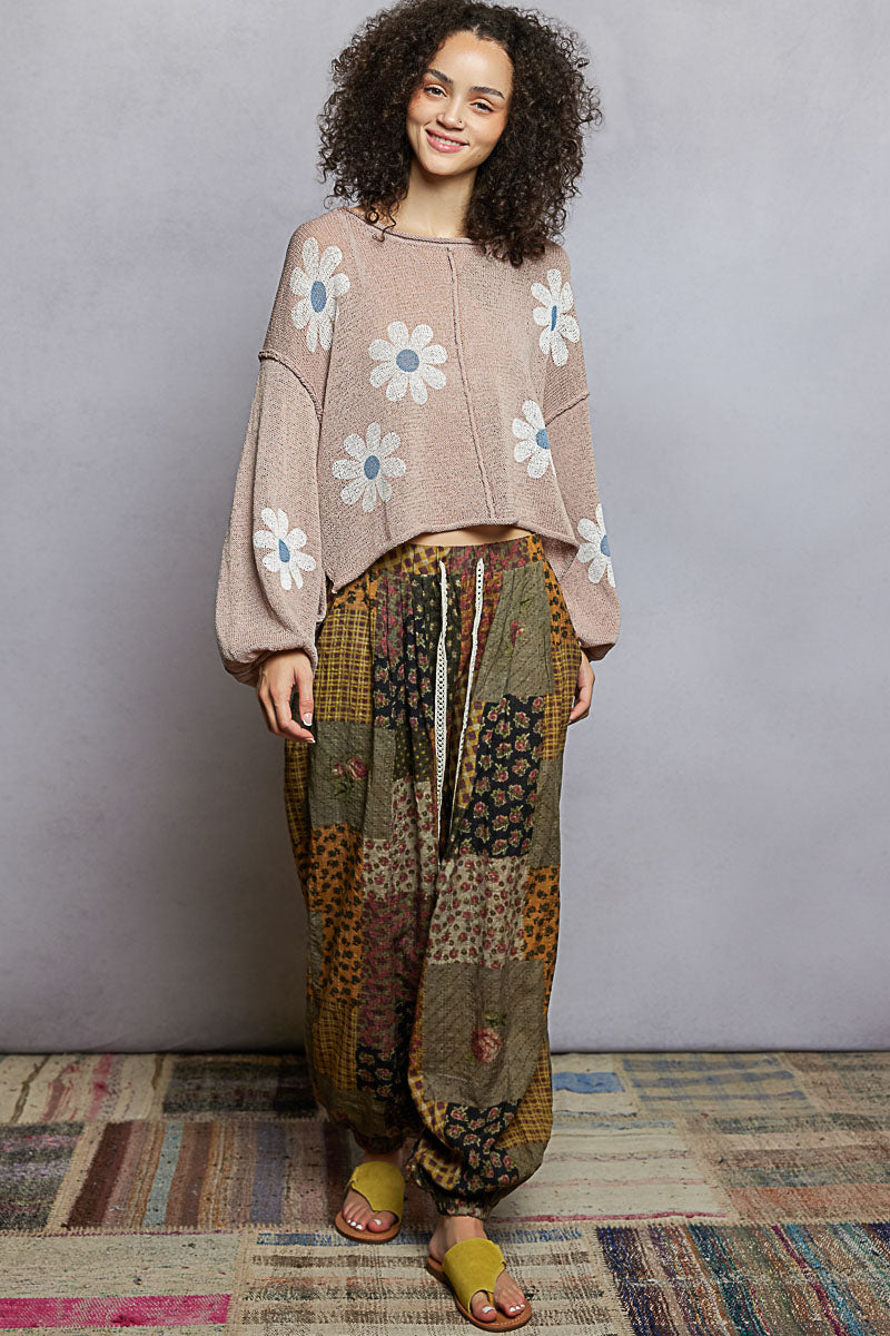 Round Neck Balloon Sleeve Floral Print Thin Sweater