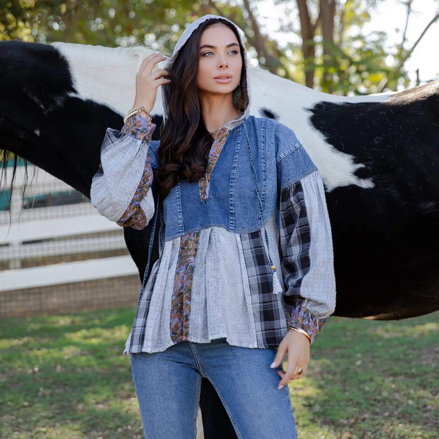 Plaid Denim Patch Hoodie