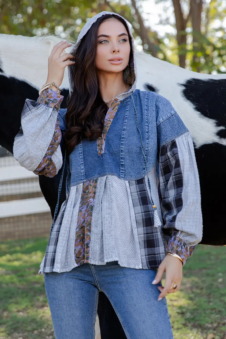 Plaid Denim Patch Hoodie