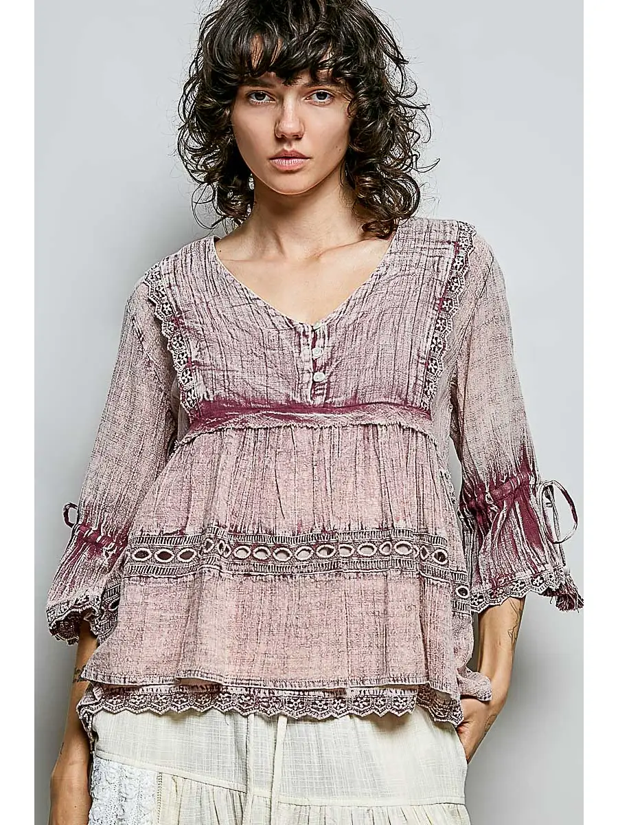 V-Neck Embroidery Ruffle Top