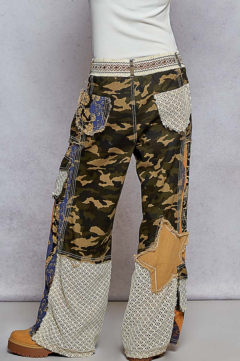 Printed Patchwork Detail Woven Twill Pants