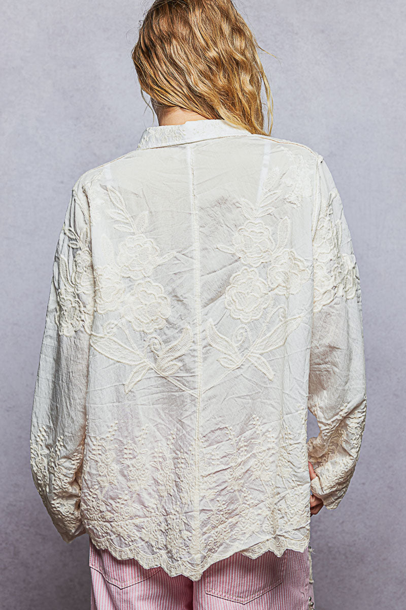 Long Sleeve Embroidered Scalloped Edge Shirt Top