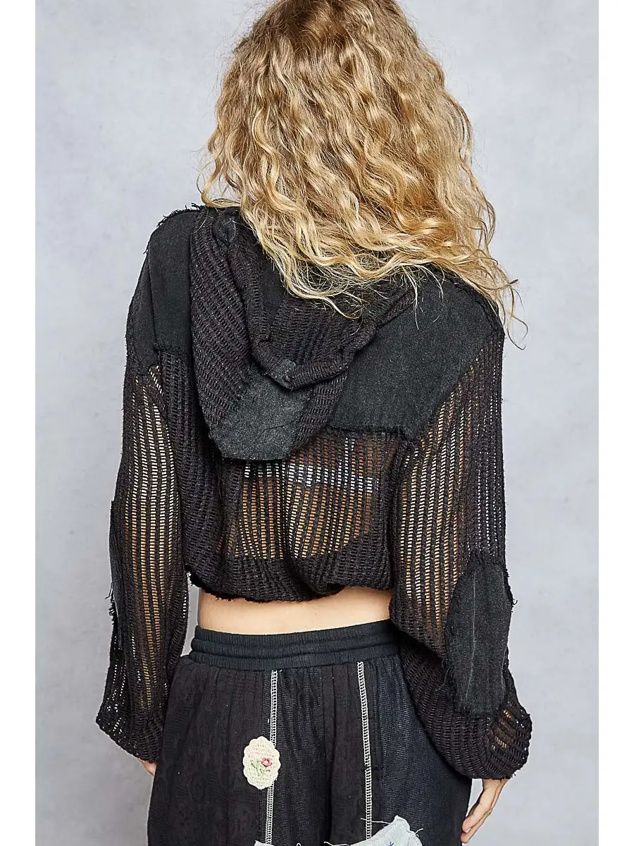 Open Knit Button Down Hooded Shirt