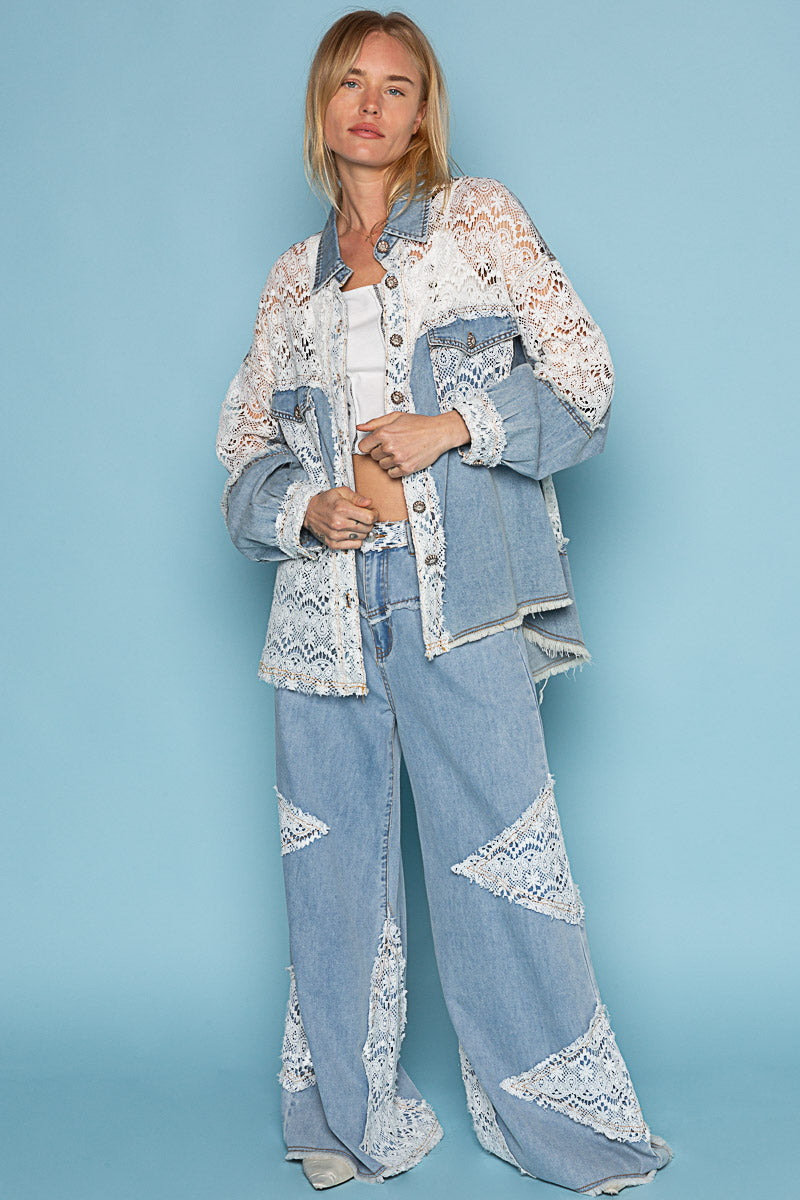 Twill Lace Denim Shacket