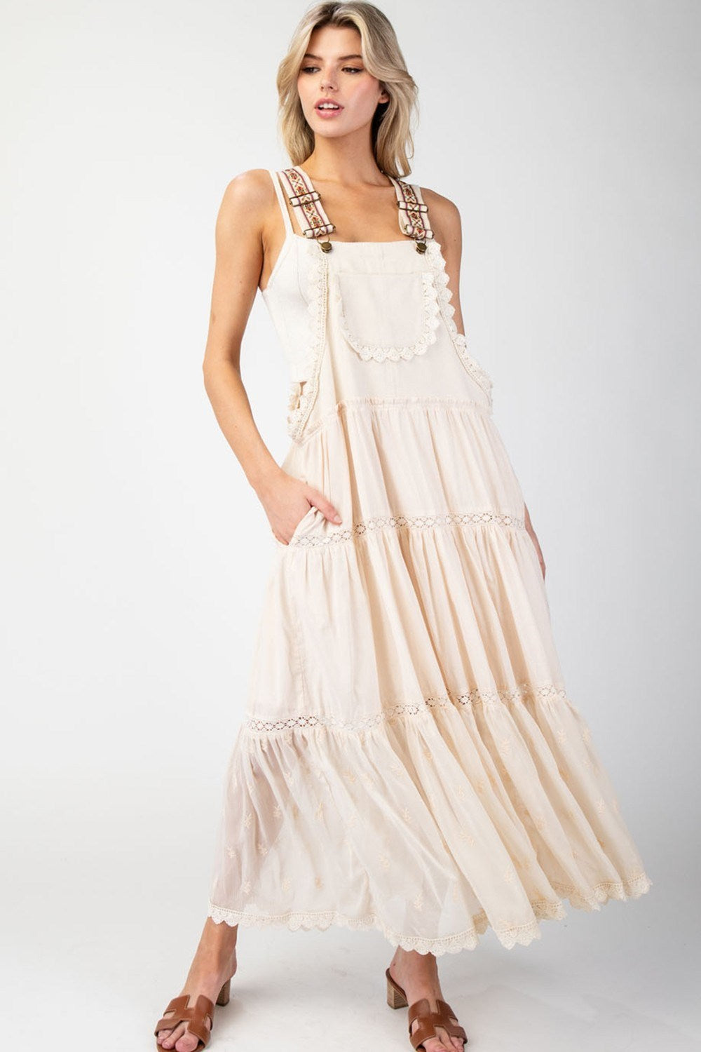 Lace Trim Tiered Overall Maxi Dress