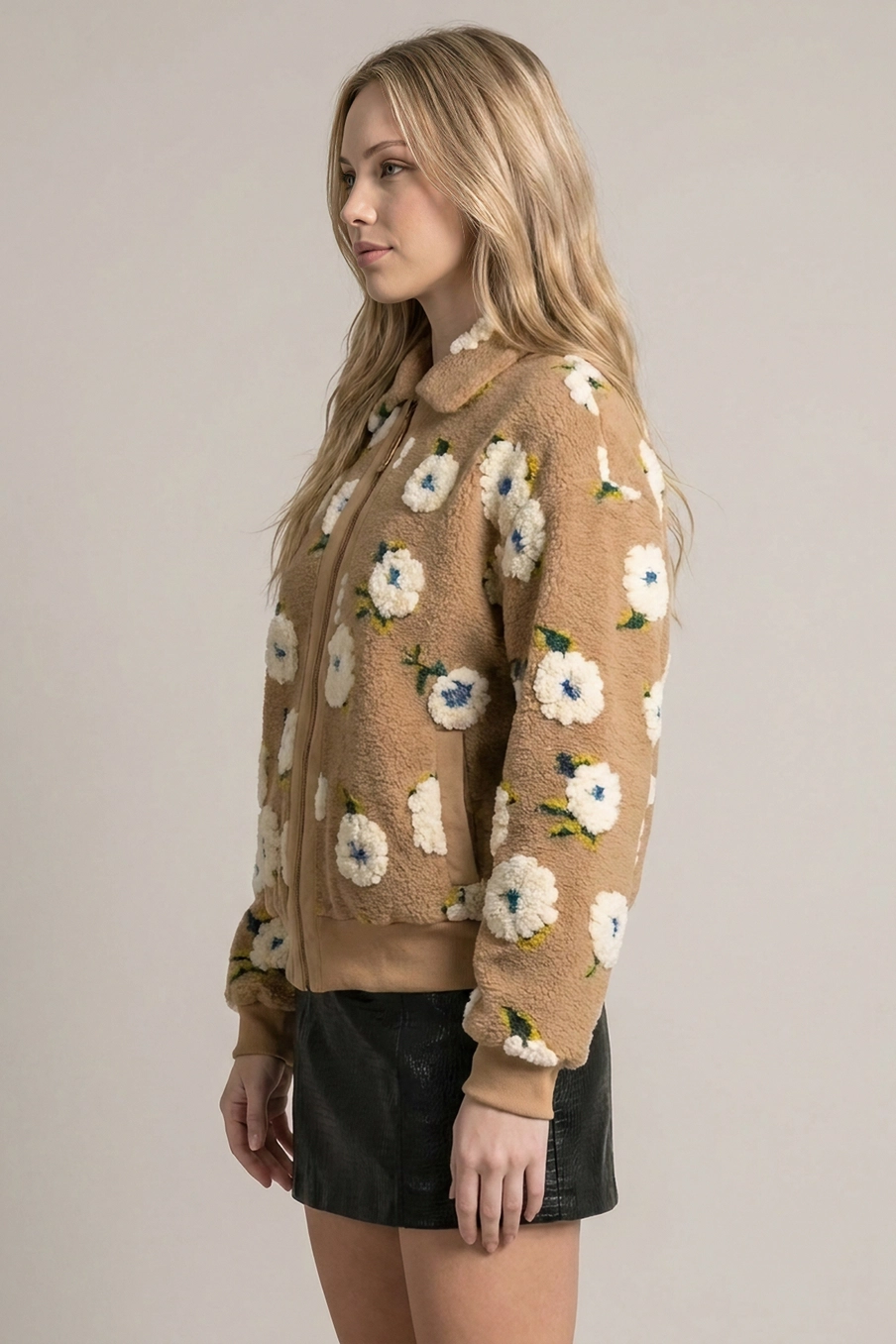 Floral Sherpa Fleece Front Zip Jacket