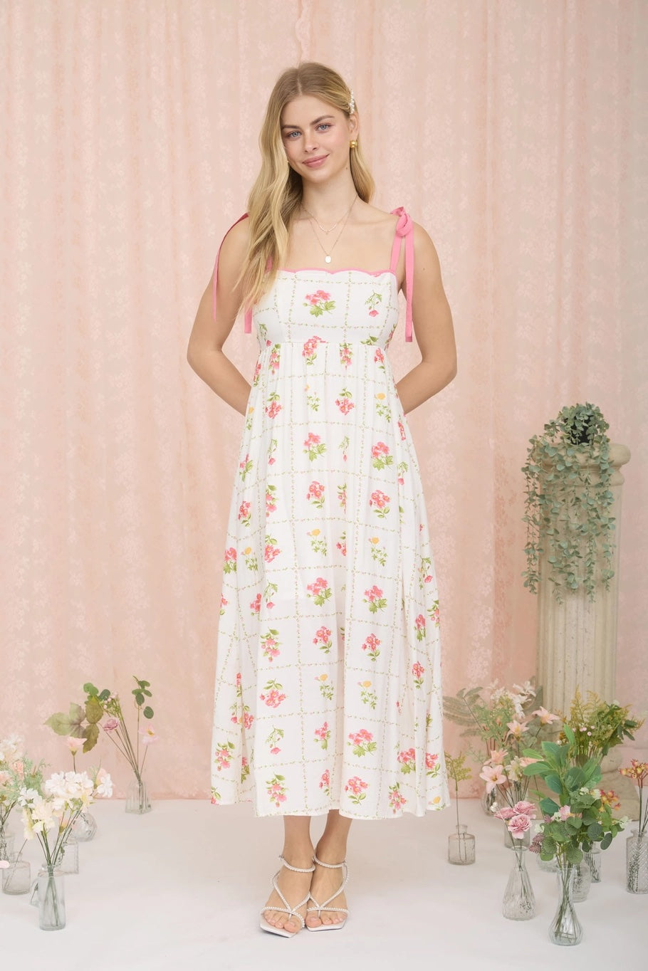 Floral Tile Pattern Scalloped Tie Strap Dress