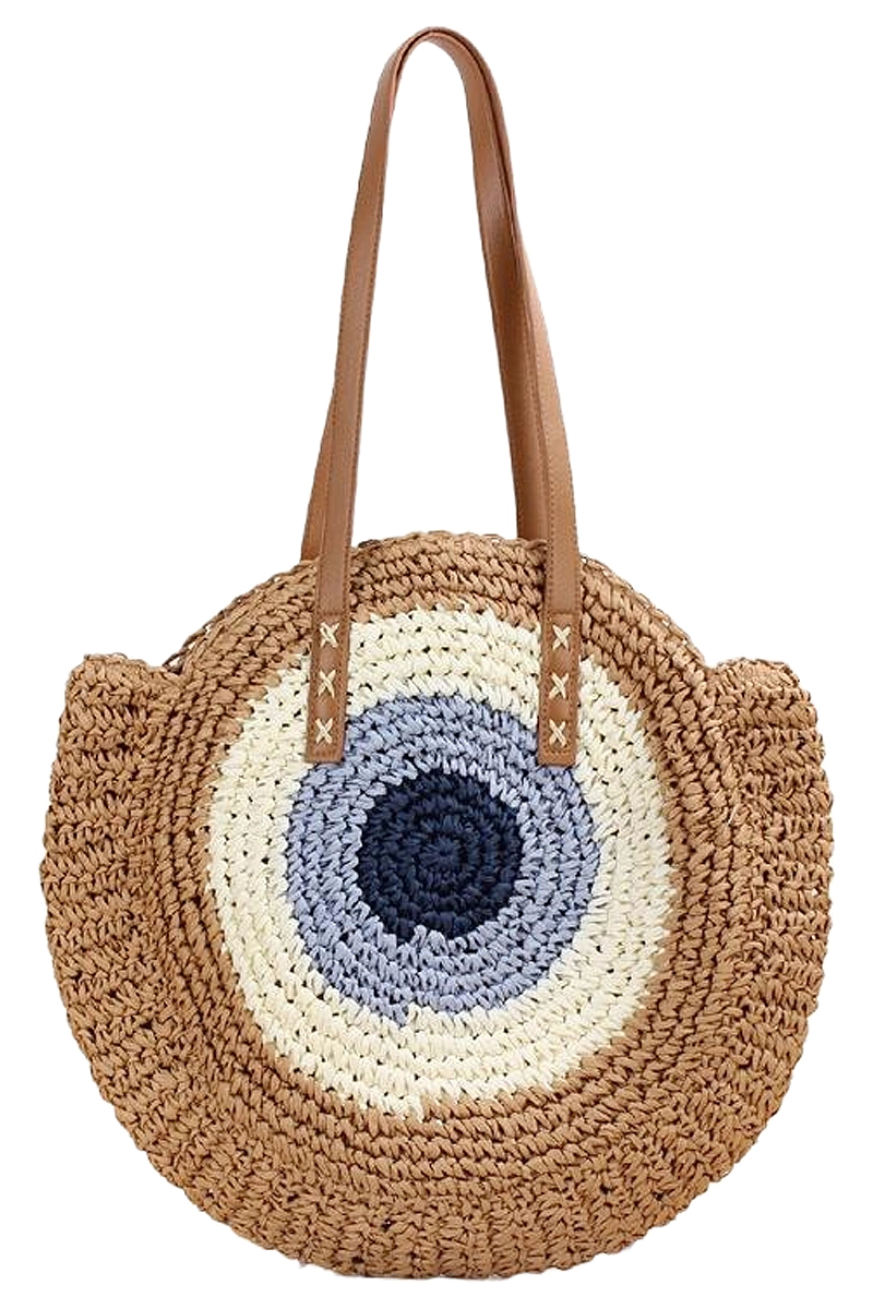 Boho Evil Eye Rattan Round Beach Tote