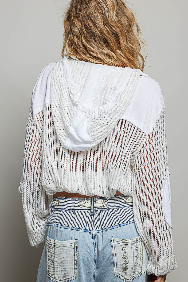 Open Knit Button Down Hooded Shirt