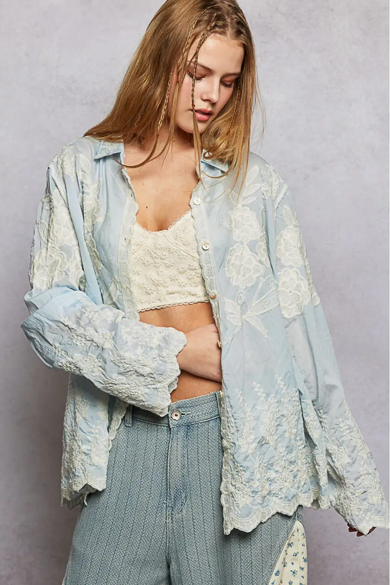 Long Sleeve Embroidered Scalloped Edge Shirt Top Blue