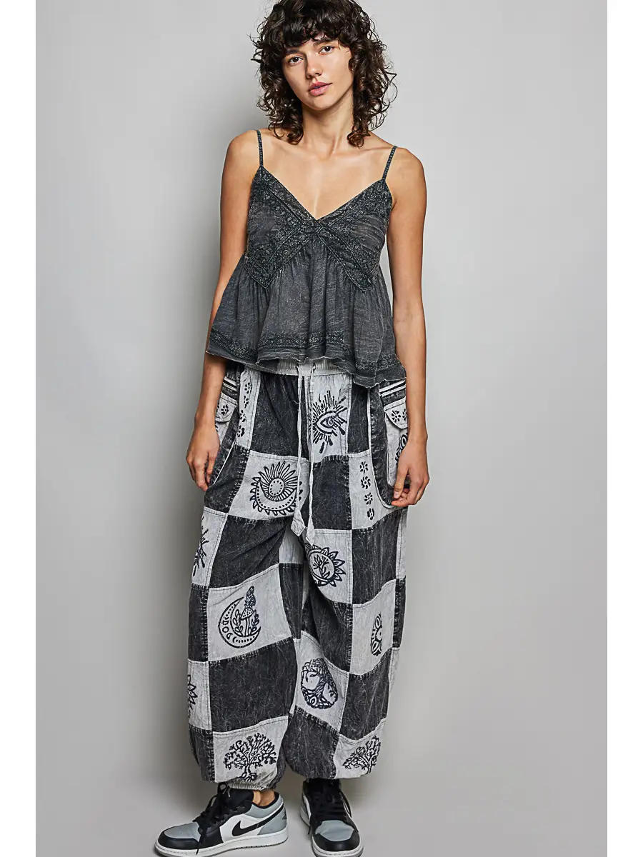 V-Neck Sleeveless Washing Effect Embroidered Woven Top