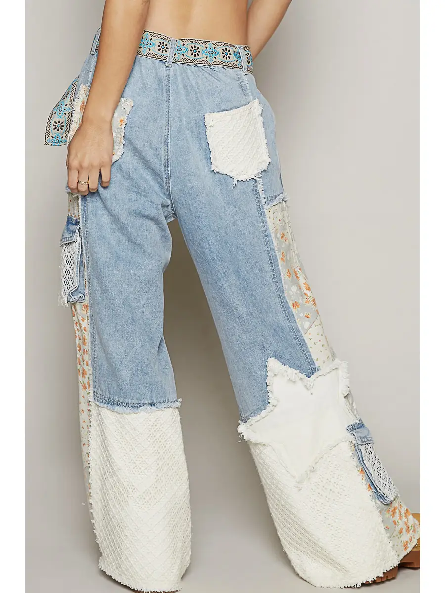 Printed Patchwork Detail Woven Twill Pants