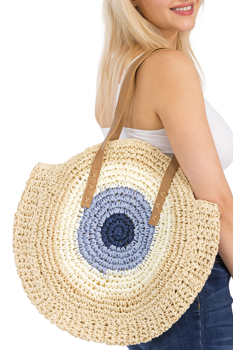 Boho Evil Eye Rattan Round Beach Tote