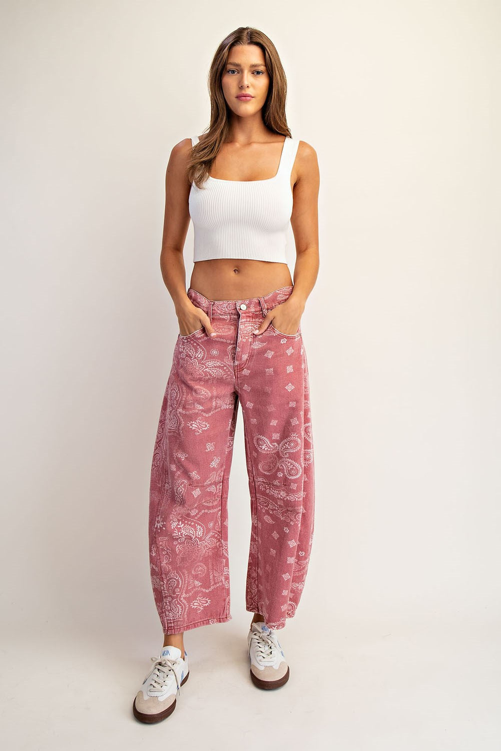 Mineral Washed Paisley Printed Barrel Jeans