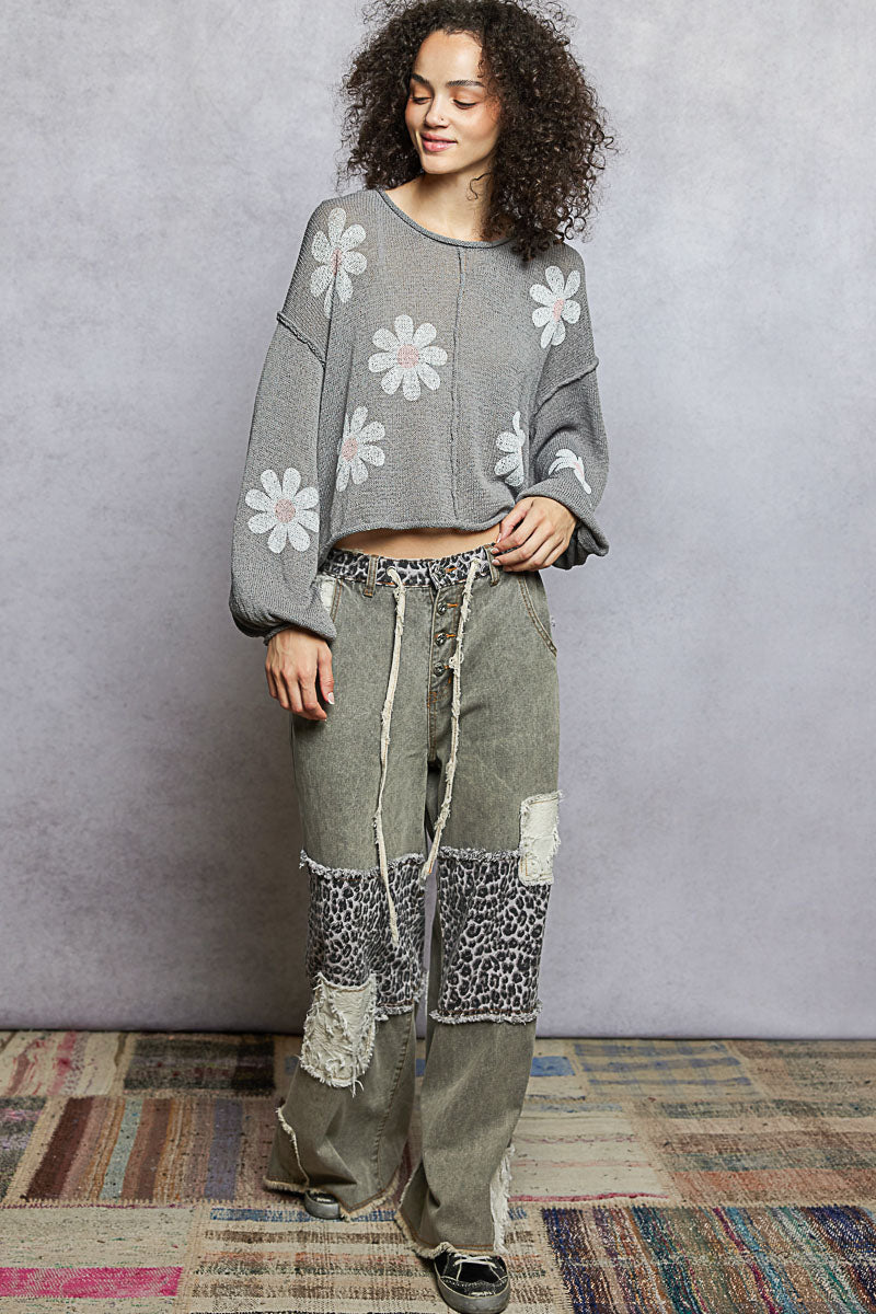 Round Neck Balloon Sleeve Floral Print Thin Sweater