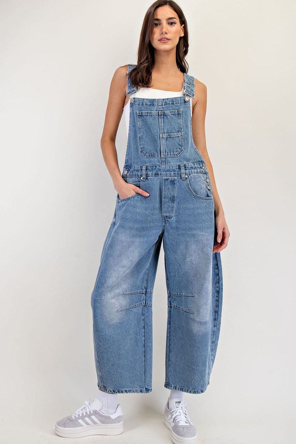 Mineral Washed Barrel Leg Jumpsuit