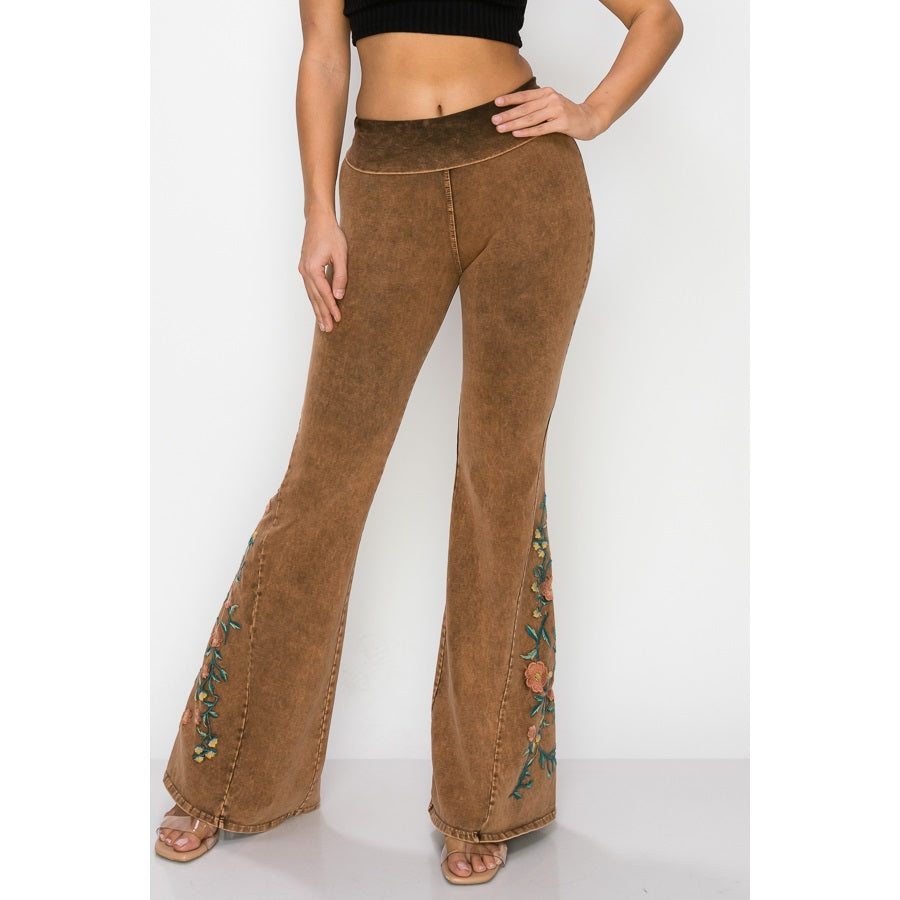 Mineral Wash Floral Embroidered Flare Pants