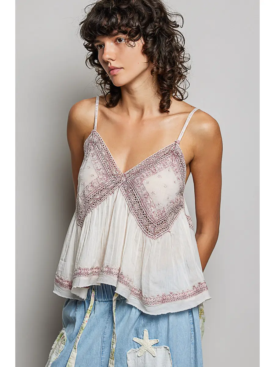V-Neck Sleeveless Washing Effect Embroidered Woven Top