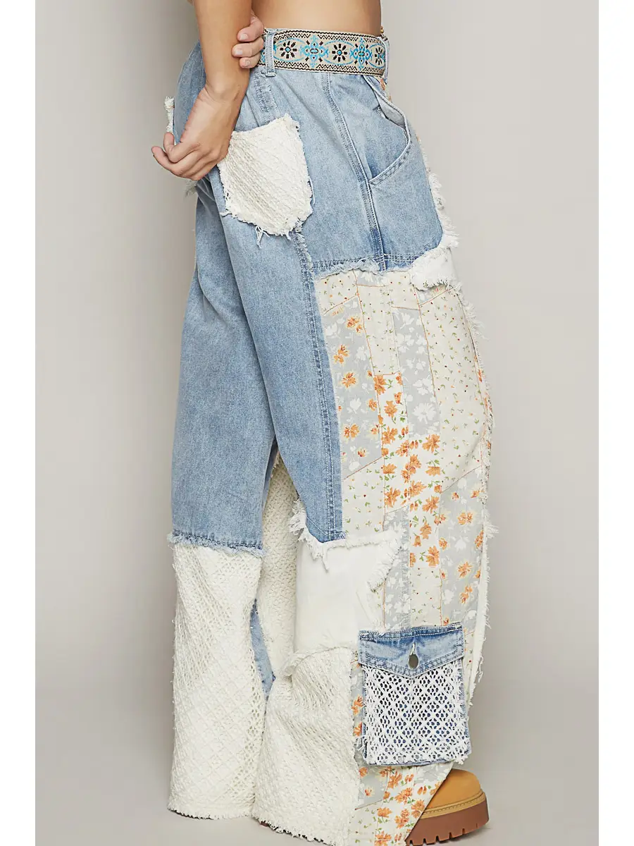 Printed Patchwork Detail Woven Twill Pants