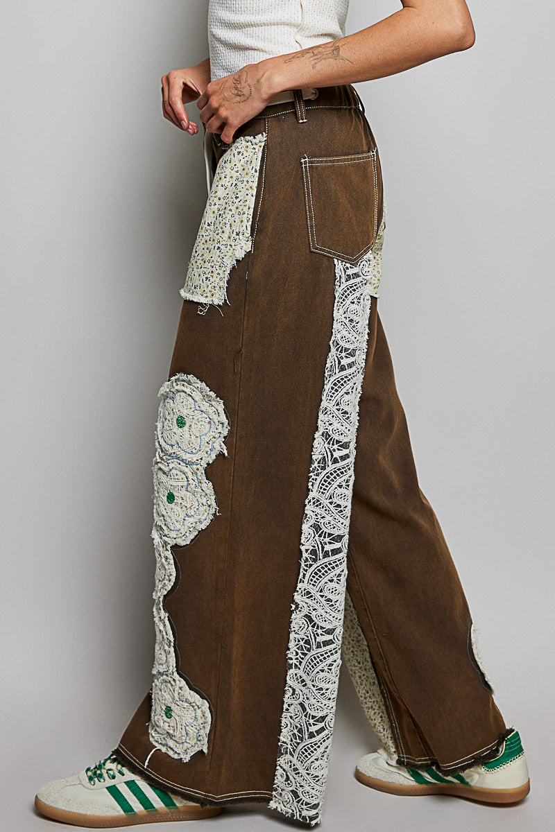 Drawstring Floral Patch Denim Pants