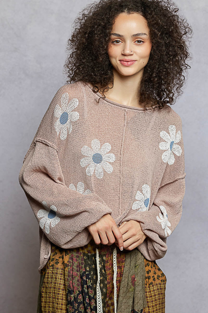Round Neck Balloon Sleeve Floral Print Thin Sweater