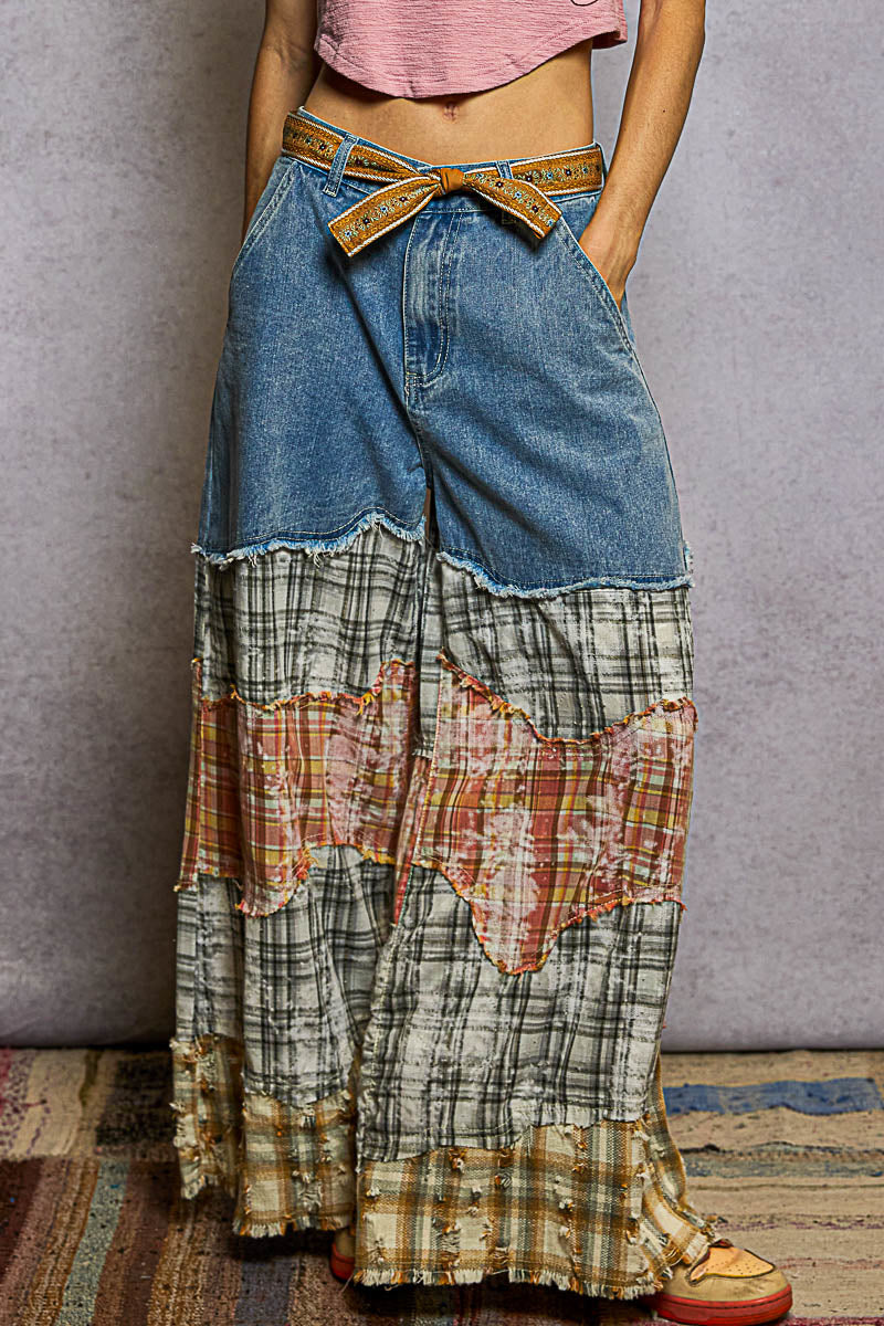 Asymmetrical Patchwork Buckle Back Pants
