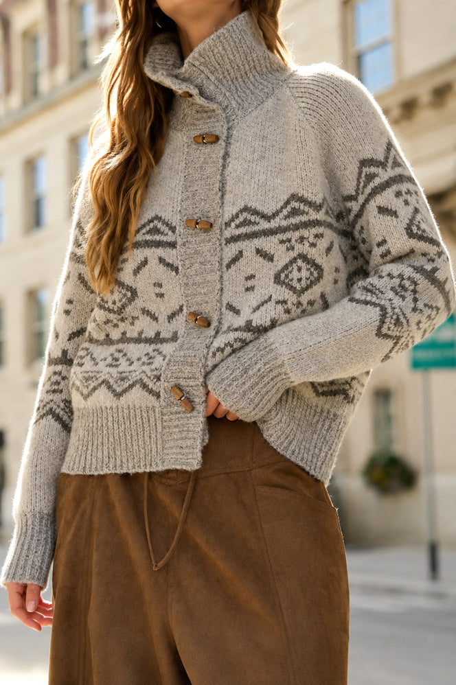Mock Neck Toggle Button Fair Isle Knit Cardigan