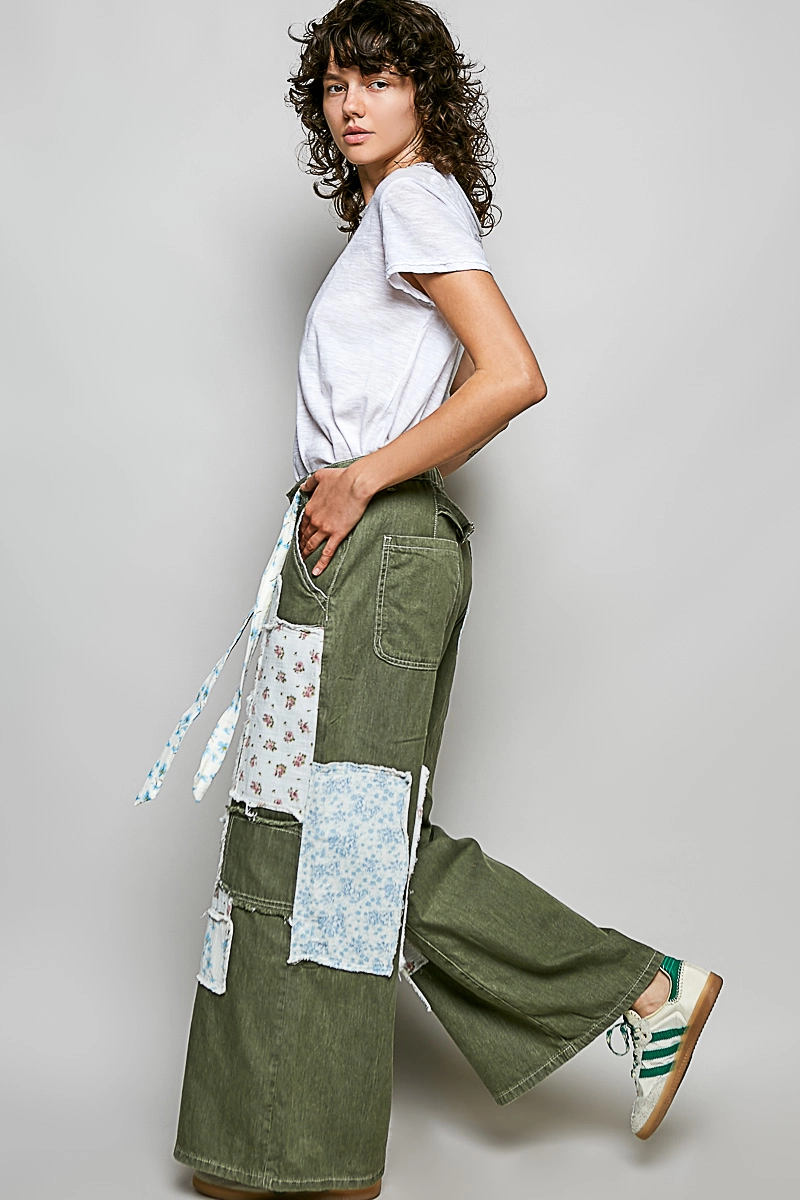 Patchwork Detail Denim Straight Fit Pants