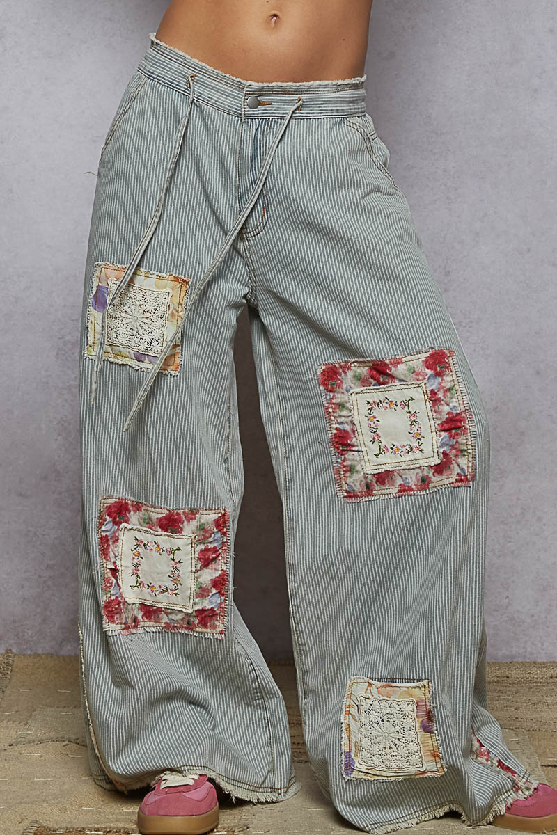 Vintage Washed Elastic Band Striped Denim Pants