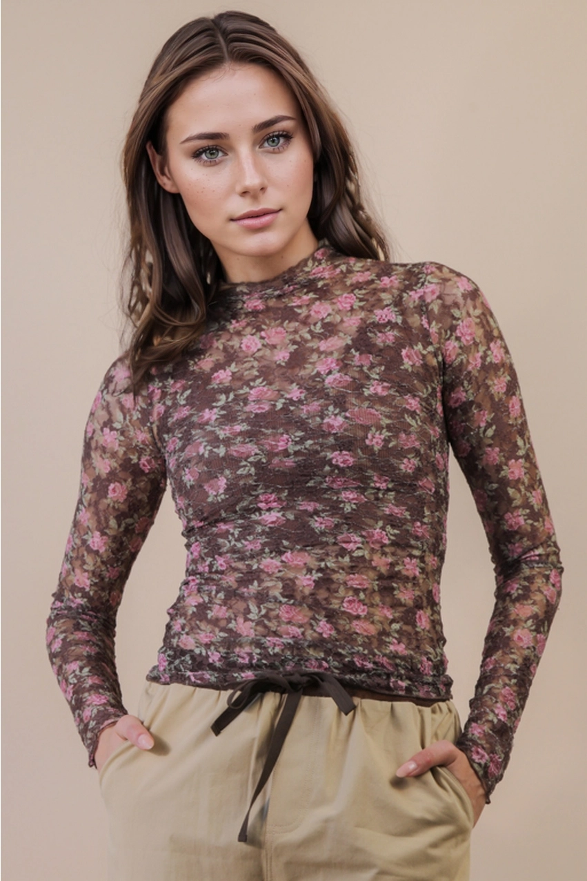 High Neck Sheer Mesh Lace Top