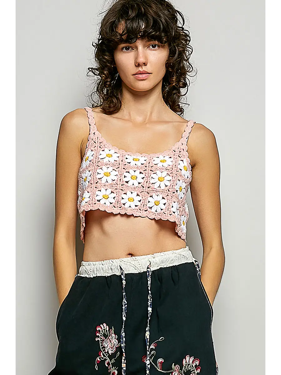 Floral Crochet Tank Crop - One Size