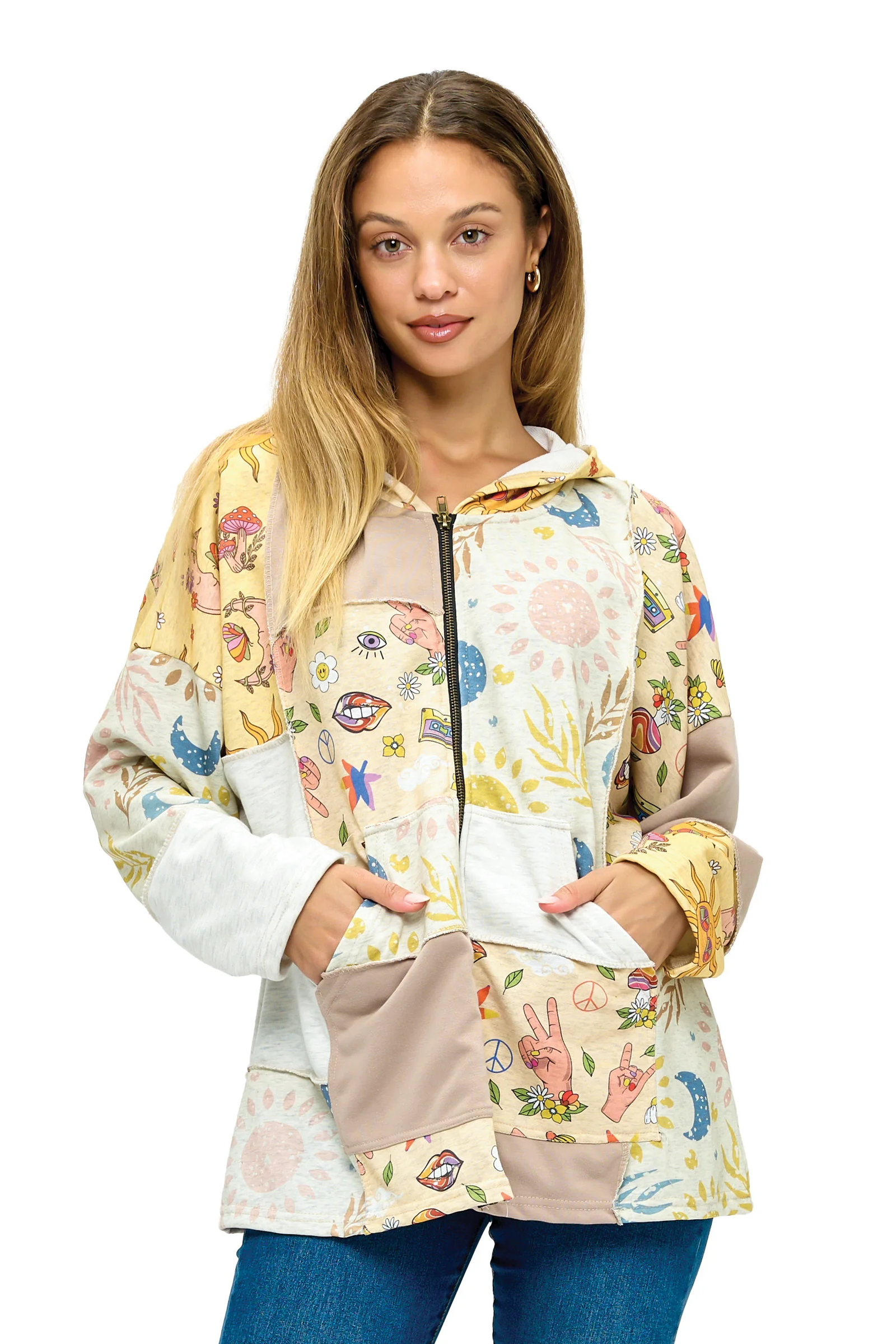 Whimsical Patch Zip-Up Hoodie