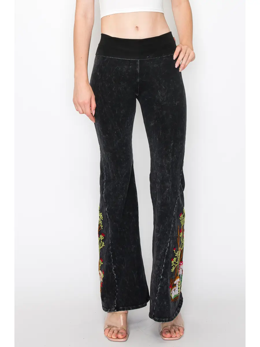 Mushroom Embroidered Mineral Wash Flare Pants