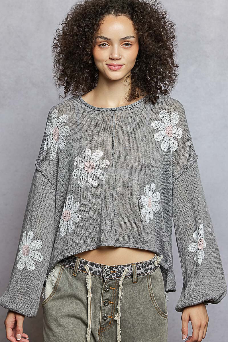 Round Neck Balloon Sleeve Floral Print Thin Sweater
