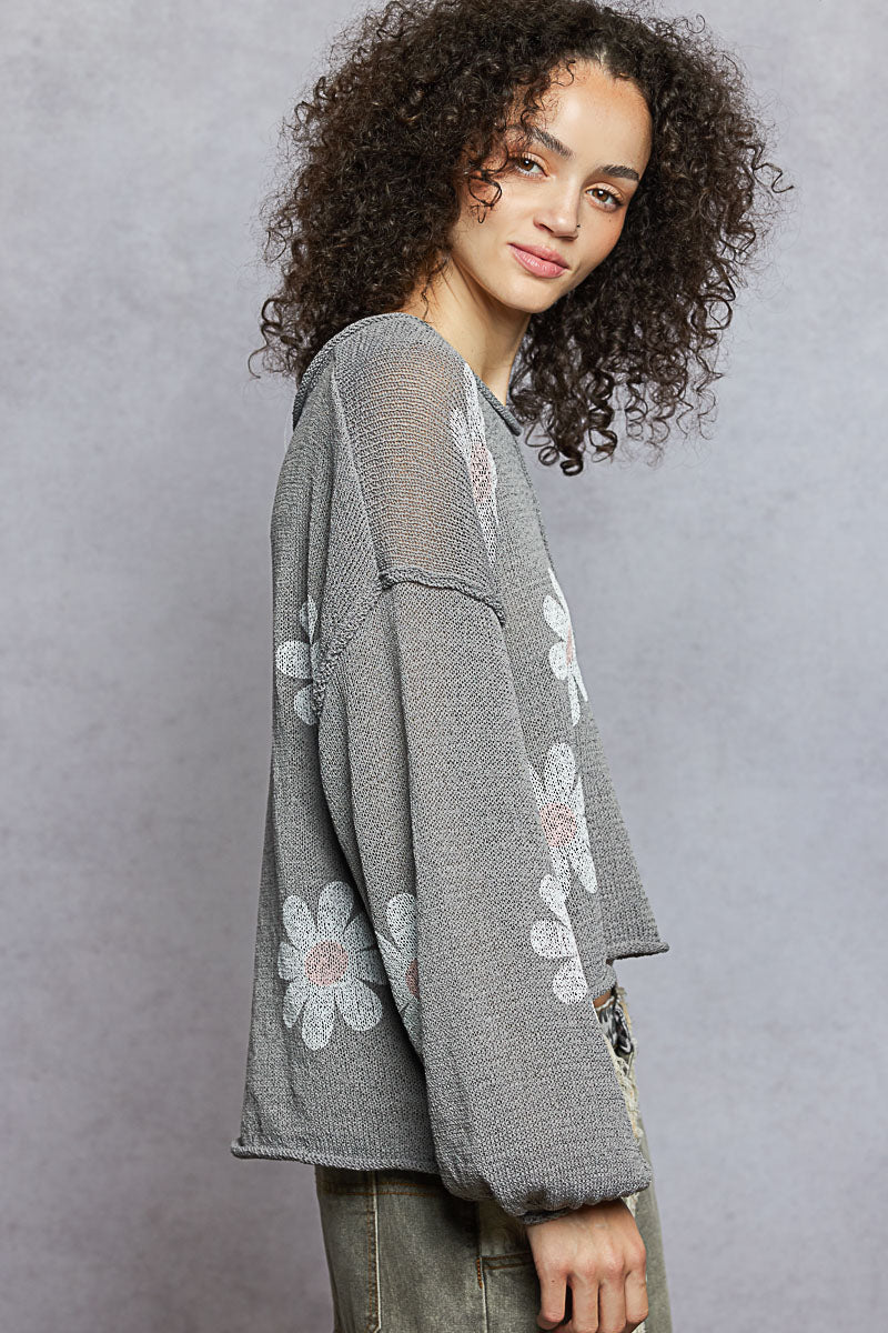 Round Neck Balloon Sleeve Floral Print Thin Sweater