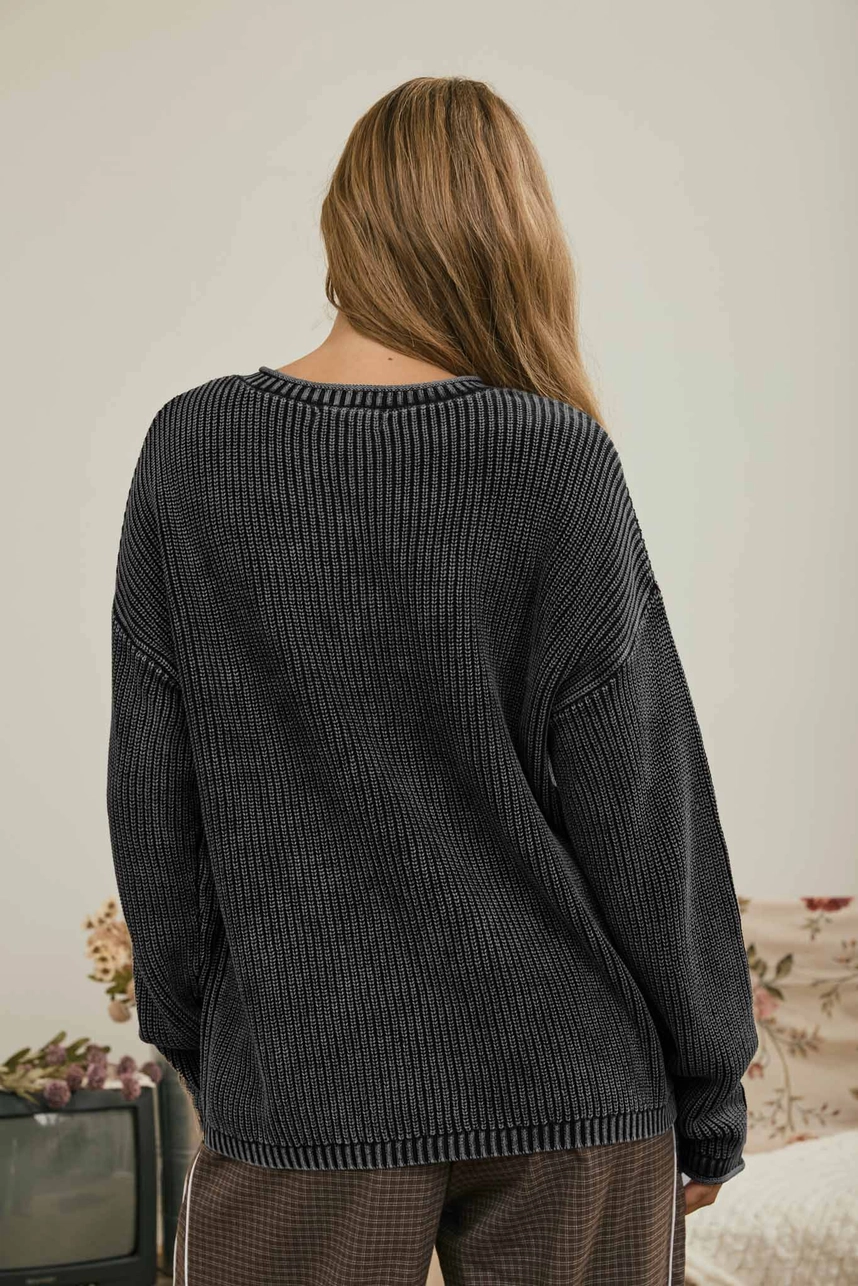 L/S Ribbed Drop Shoulder Henley Knit Sweater