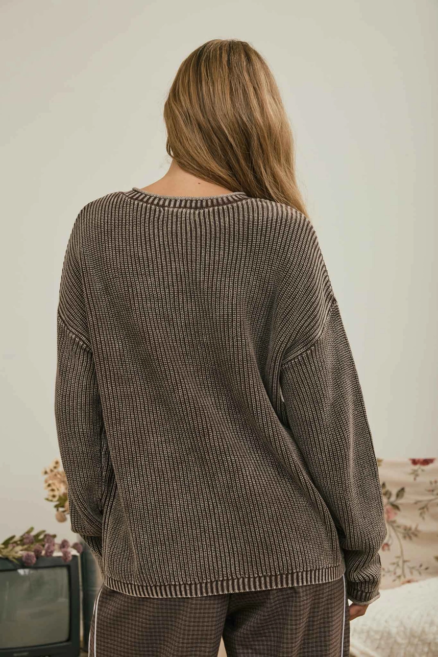 L/S Ribbed Drop Shoulder Henley Knit Sweater