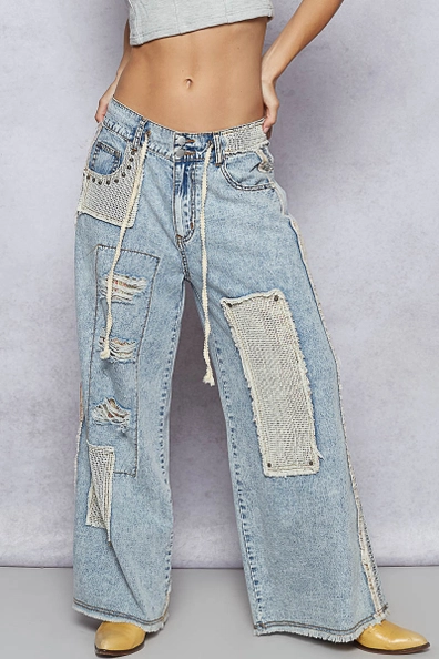 Stud Detail Woven Denim Pants
