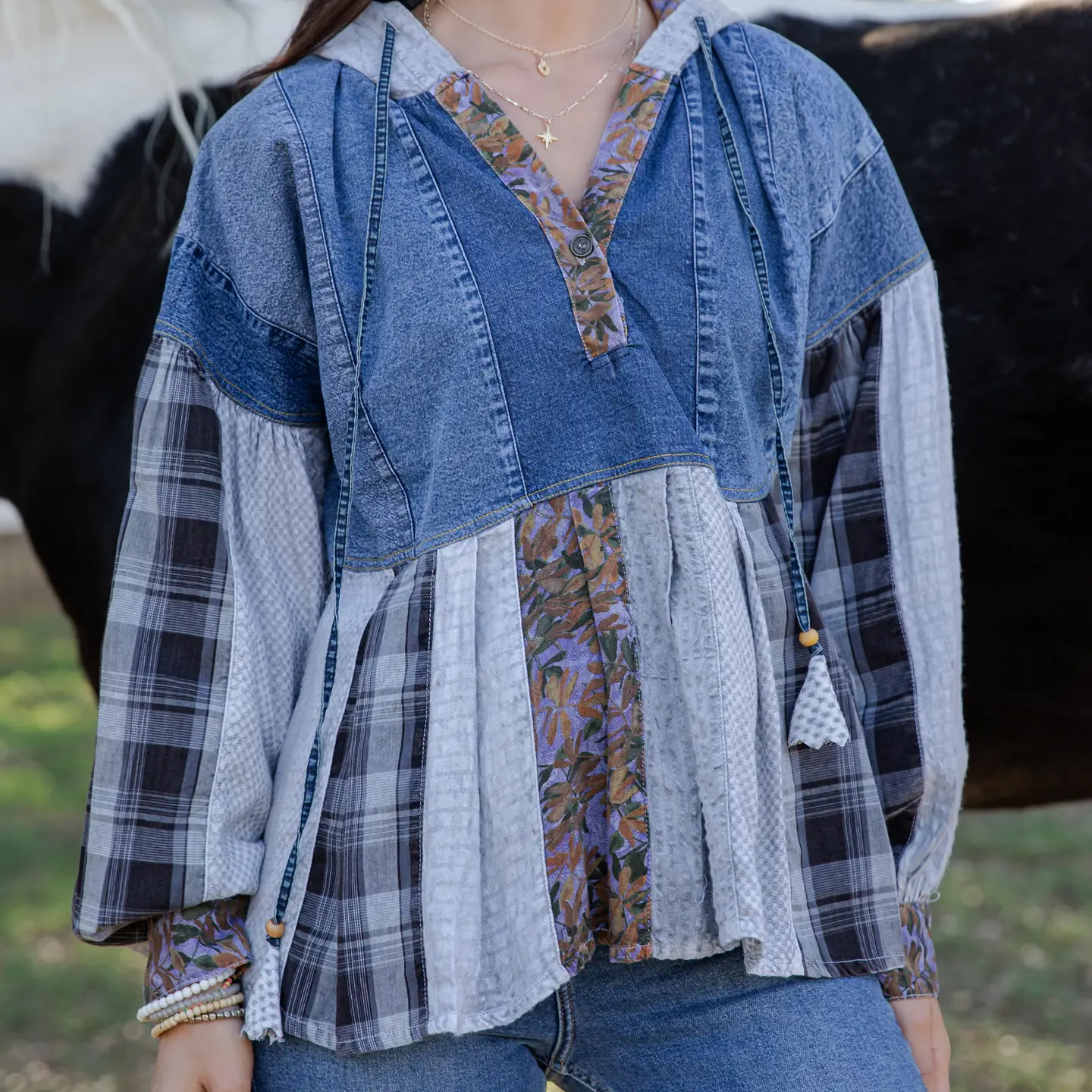Plaid Denim Patch Hoodie