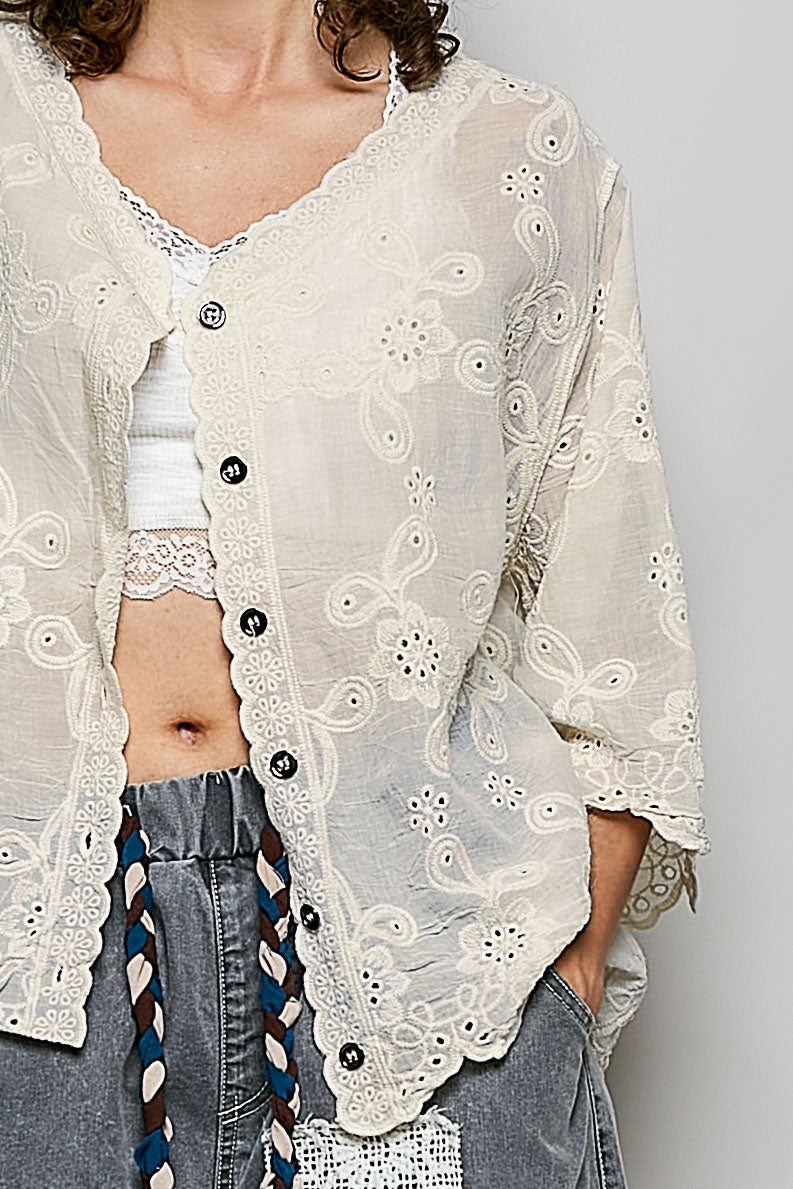V-Neck Relaxed Fit Vintage Washing Crochet Shirt Top