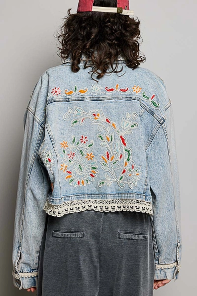 Floral Embroidery Lace Trim Denim Jacket