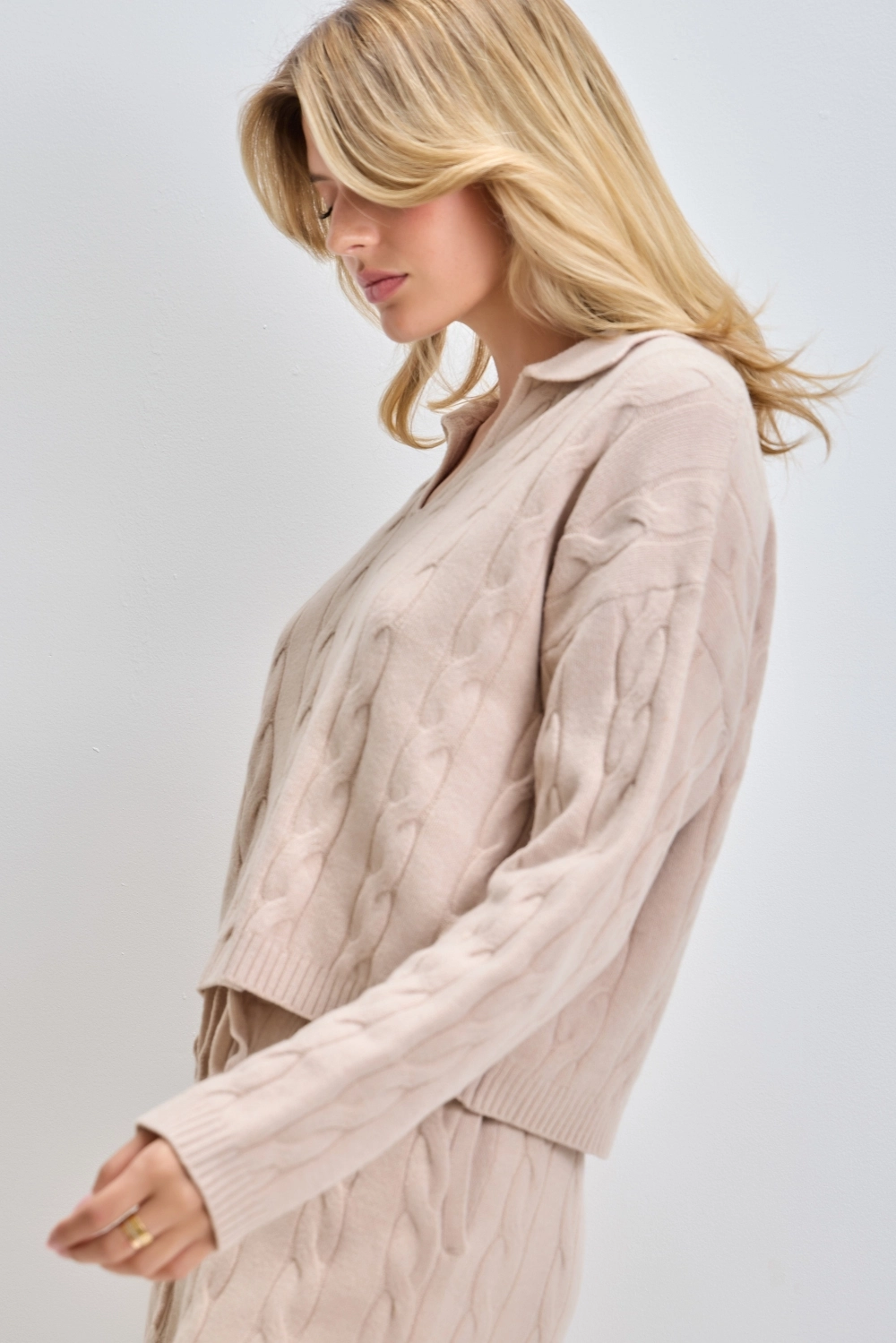 Cable Knit Collared V Neck Sweater