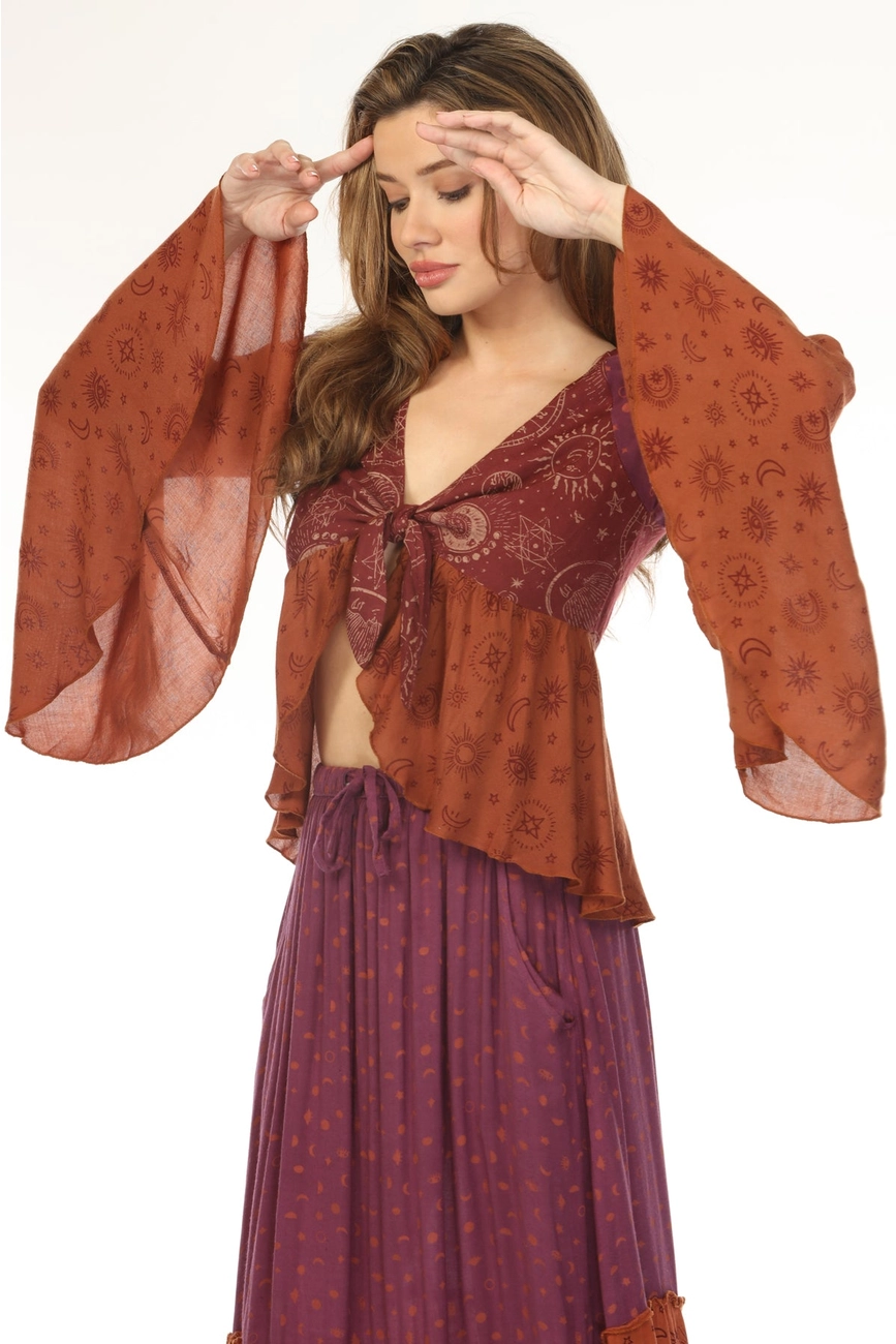 Celestial Patchwork Tie Front Top