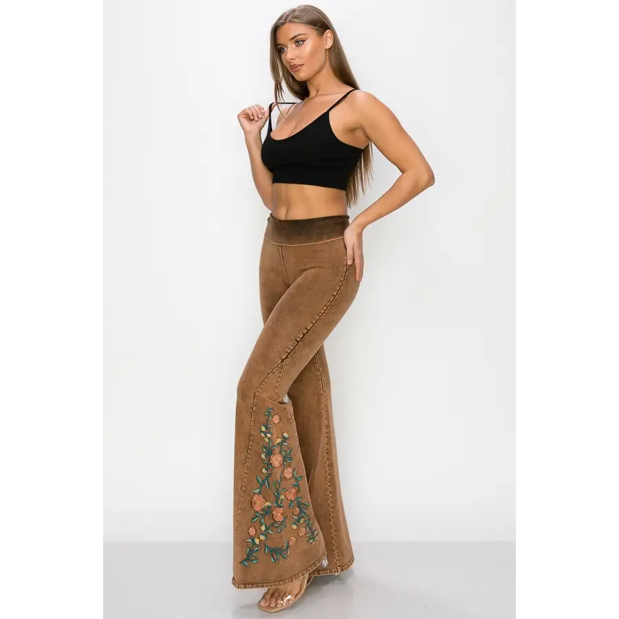 Mineral Wash Floral Embroidered Flare Pants