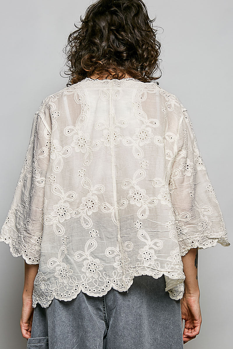 V-Neck Relaxed Fit Vintage Washing Crochet Shirt Top