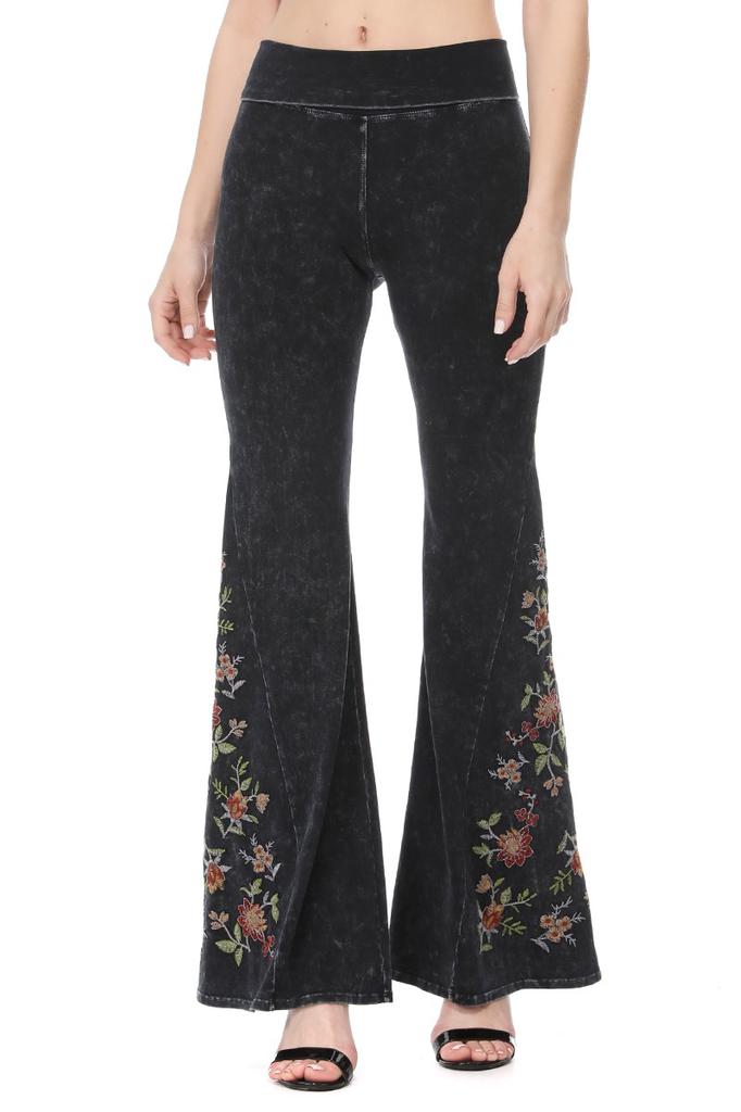 Mineral Wash Floral Embroidered Flare Yoga Pants